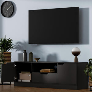 TV Stand for 55/60/65 Inch TV, Entertainment Center with 2 Doors & Drawer, Media TV Console Table with Storage Cabinet for Living Room, Bedroom, Black