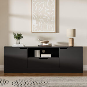 TV Stand for 55/60/65 Inch TV, Entertainment Center with 2 Doors & Drawer, Media TV Console Table with Storage Cabinet for Living Room, Bedroom, Black