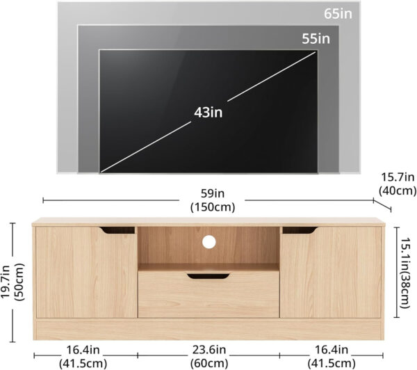 TV Stand for 55/60/65 Inch TV, Entertainment Center with 2 Doors & Drawer, Media TV Console Table with Storage Cabinet for Living Room, Bedroom, Black