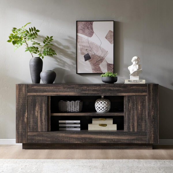 OKD Modern 70" TV Stand, Entertainment Center for TVs Up to 80", Media Console with Large Open Storage & Side Cabinets, Thick Wood Design for Living Room, Dark Walnut