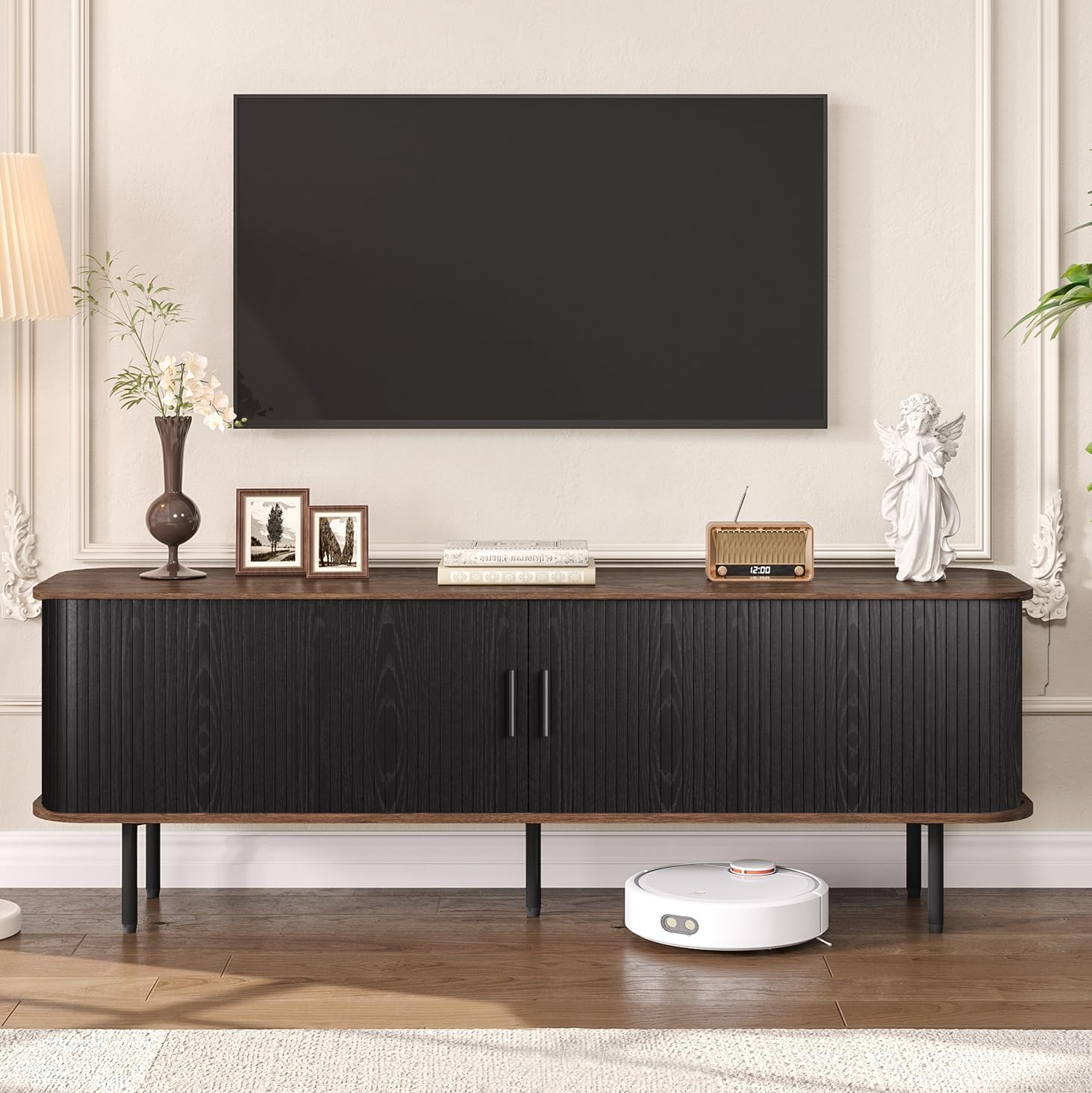 63" Modern Fluted TV Stand for TVs up to 75 Inch , Gaming Entertainment Center with Tambour Slatted Sliding Doors and Storage Cabinet, Media TV Consoles Table for Living Room, Office, Black