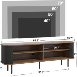 63" Modern Fluted TV Stand for TVs up to 75 Inch , Gaming Entertainment Center with Tambour Slatted Sliding Doors and Storage Cabinet, Media TV Consoles Table for Living Room, Office, Black