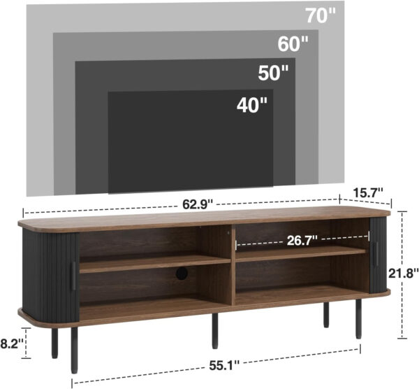 63" Modern Fluted TV Stand for TVs up to 75 Inch , Gaming Entertainment Center with Tambour Slatted Sliding Doors and Storage Cabinet, Media TV Consoles Table for Living Room, Office, Black