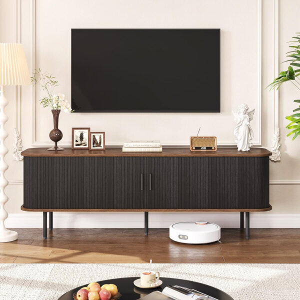 63" Modern Fluted TV Stand for TVs up to 75 Inch , Gaming Entertainment Center with Tambour Slatted Sliding Doors and Storage Cabinet, Media TV Consoles Table for Living Room, Office, Black