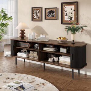 63" Modern Fluted TV Stand for TVs up to 75 Inch , Gaming Entertainment Center with Tambour Slatted Sliding Doors and Storage Cabinet, Media TV Consoles Table for Living Room, Office, Black