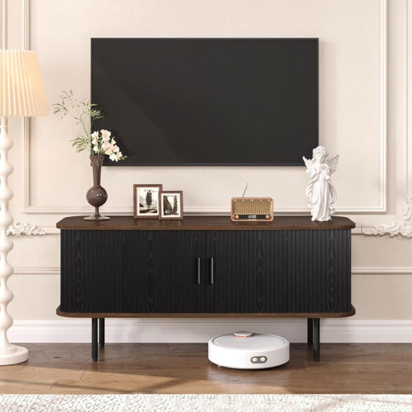 63" Modern Fluted TV Stand for TVs up to 75 Inch , Gaming Entertainment Center with Tambour Slatted Sliding Doors and Storage Cabinet, Media TV Consoles Table for Living Room, Office, Black
