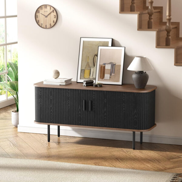 63" Modern Fluted TV Stand for TVs up to 75 Inch , Gaming Entertainment Center with Tambour Slatted Sliding Doors and Storage Cabinet, Media TV Consoles Table for Living Room, Office, Black