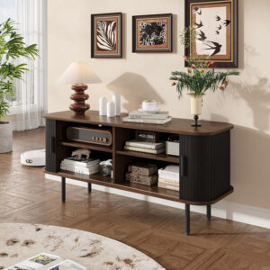 63" Modern Fluted TV Stand for TVs up to 75 Inch , Gaming Entertainment Center with Tambour Slatted Sliding Doors and Storage Cabinet, Media TV Consoles Table for Living Room, Office, Black