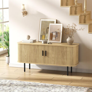 63" Modern Fluted TV Stand for TVs up to 75 Inch , Gaming Entertainment Center with Tambour Slatted Sliding Doors and Storage Cabinet, Media TV Consoles Table for Living Room, Office, Black