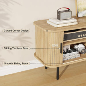 63" Modern Fluted TV Stand for TVs up to 75 Inch , Gaming Entertainment Center with Tambour Slatted Sliding Doors and Storage Cabinet, Media TV Consoles Table for Living Room, Office, Black