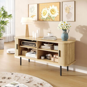 63" Modern Fluted TV Stand for TVs up to 75 Inch , Gaming Entertainment Center with Tambour Slatted Sliding Doors and Storage Cabinet, Media TV Consoles Table for Living Room, Office, Black