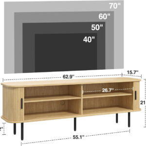 63" Modern Fluted TV Stand for TVs up to 75 Inch , Gaming Entertainment Center with Tambour Slatted Sliding Doors and Storage Cabinet, Media TV Consoles Table for Living Room, Office, Black