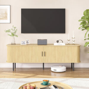 63" Modern Fluted TV Stand for TVs up to 75 Inch , Gaming Entertainment Center with Tambour Slatted Sliding Doors and Storage Cabinet, Media TV Consoles Table for Living Room, Office, Black