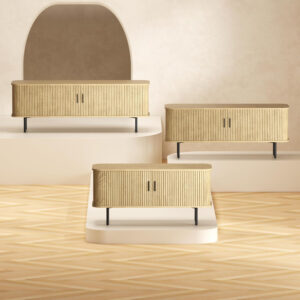 63" Modern Fluted TV Stand for TVs up to 75 Inch , Gaming Entertainment Center with Tambour Slatted Sliding Doors and Storage Cabinet, Media TV Consoles Table for Living Room, Office, Black