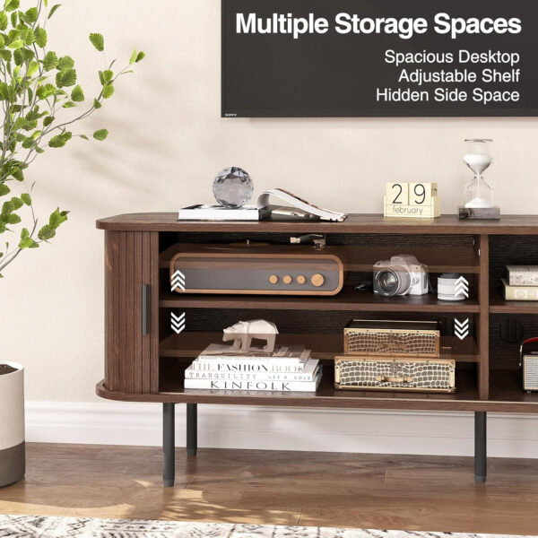 63" Modern Fluted TV Stand for TVs up to 75 Inch , Gaming Entertainment Center with Tambour Slatted Sliding Doors and Storage Cabinet, Media TV Consoles Table for Living Room, Office, Black
