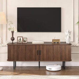 63" Modern Fluted TV Stand for TVs up to 75 Inch , Gaming Entertainment Center with Tambour Slatted Sliding Doors and Storage Cabinet, Media TV Consoles Table for Living Room, Office, Black