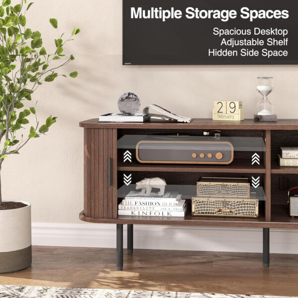 63" Modern Fluted TV Stand for TVs up to 75 Inch , Gaming Entertainment Center with Tambour Slatted Sliding Doors and Storage Cabinet, Media TV Consoles Table for Living Room, Office, Black