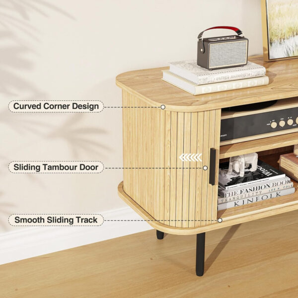 63" Modern Fluted TV Stand for TVs up to 75 Inch , Gaming Entertainment Center with Tambour Slatted Sliding Doors and Storage Cabinet, Media TV Consoles Table for Living Room, Office, Black