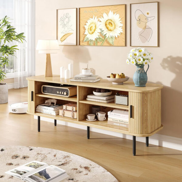 63" Modern Fluted TV Stand for TVs up to 75 Inch , Gaming Entertainment Center with Tambour Slatted Sliding Doors and Storage Cabinet, Media TV Consoles Table for Living Room, Office, Black