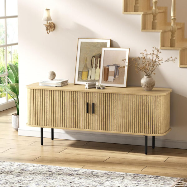 63" Modern Fluted TV Stand for TVs up to 75 Inch , Gaming Entertainment Center with Tambour Slatted Sliding Doors and Storage Cabinet, Media TV Consoles Table for Living Room, Office, Black