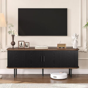 63" Modern Fluted TV Stand for TVs up to 75 Inch , Gaming Entertainment Center with Tambour Slatted Sliding Doors and Storage Cabinet, Media TV Consoles Table for Living Room, Office, Black