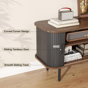 63" Modern Fluted TV Stand for TVs up to 75 Inch , Gaming Entertainment Center with Tambour Slatted Sliding Doors and Storage Cabinet, Media TV Consoles Table for Living Room, Office, Black