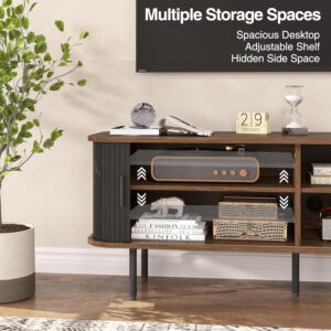 63" Modern Fluted TV Stand for TVs up to 75 Inch , Gaming Entertainment Center with Tambour Slatted Sliding Doors and Storage Cabinet, Media TV Consoles Table for Living Room, Office, Black