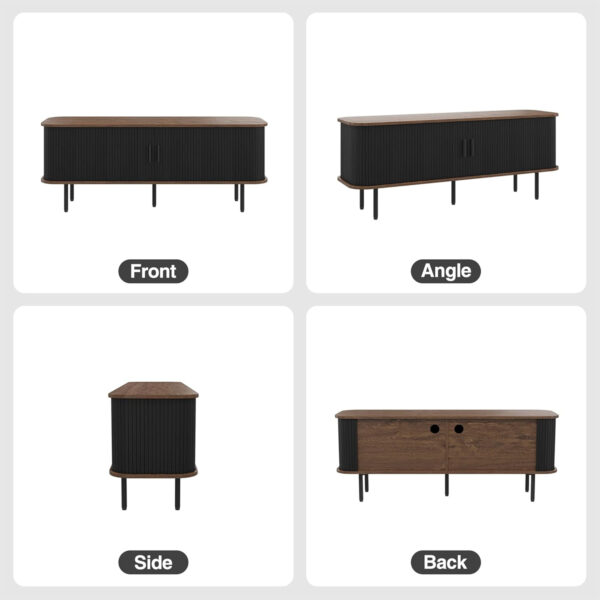 63" Modern Fluted TV Stand for TVs up to 75 Inch , Gaming Entertainment Center with Tambour Slatted Sliding Doors and Storage Cabinet, Media TV Consoles Table for Living Room, Office, Black