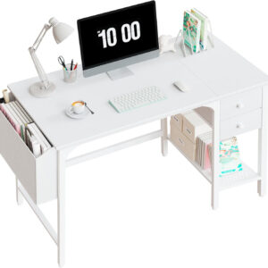 Lufeiya White Small Desk with Drawers - 40 Inch Computer Desk for Small Space Home Office, Modern Simple Study Writing Table PC Desks