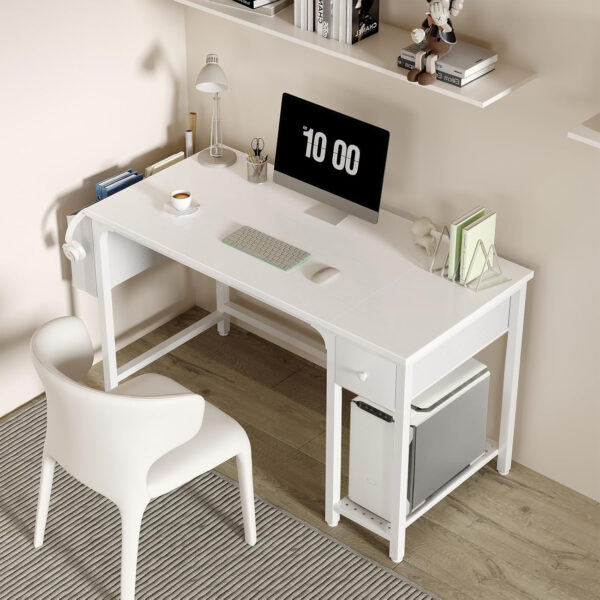 Lufeiya White Small Desk with Drawers - 40 Inch Computer Desk for Small Space Home Office, Modern Simple Study Writing Table PC Desks