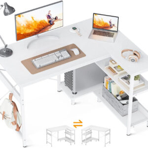 ODK 40 Inch Small L Shaped Computer Desk, Corner Desk with Reversible Storage Shelves, Modern Simple Writing Study Table with Iron Hook, White
