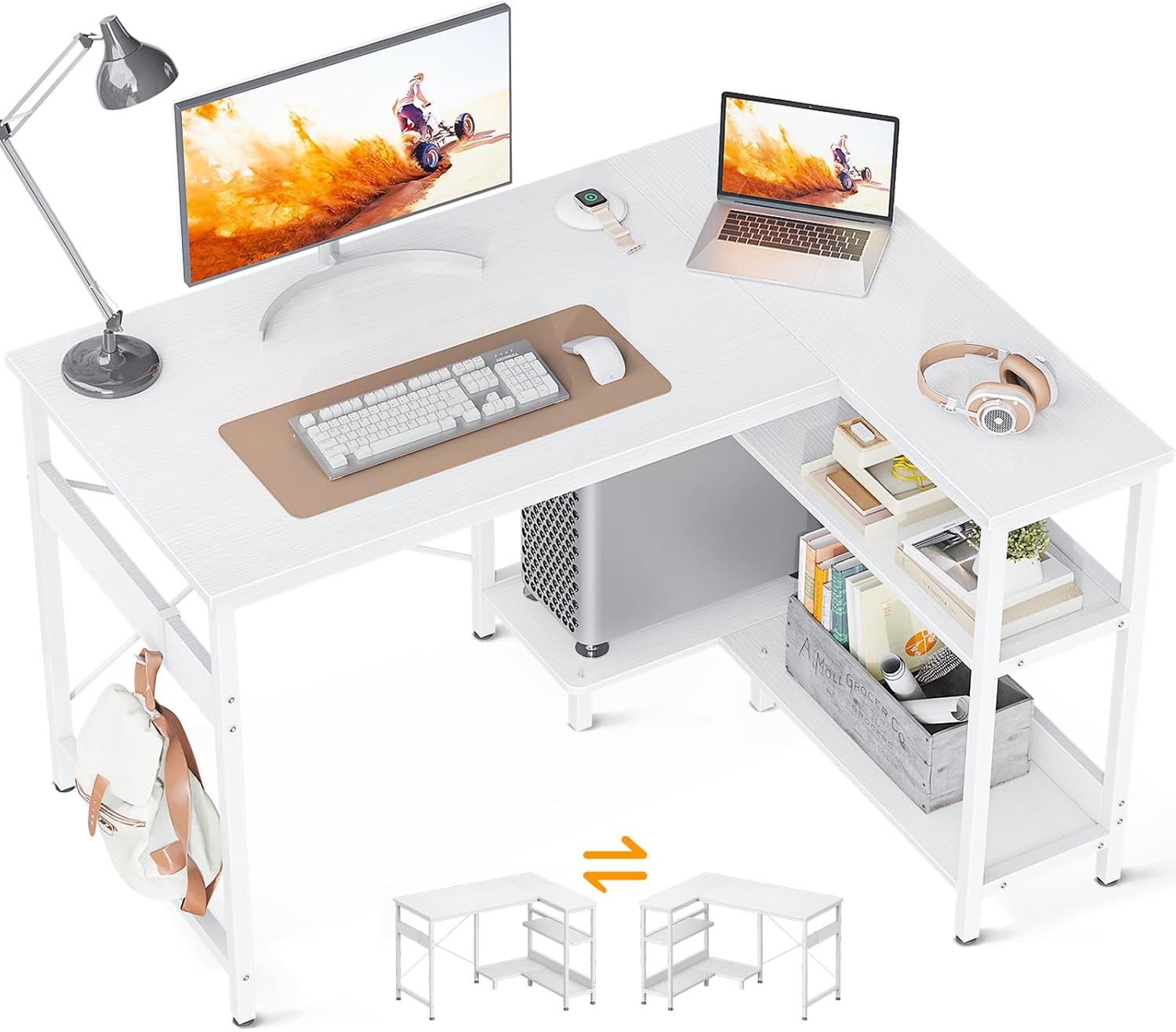 ODK 40 Inch Small L Shaped Computer Desk, Corner Desk with Reversible Storage Shelves, Modern Simple Writing Study Table with Iron Hook, White