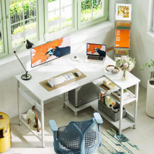 ODK 40 Inch Small L Shaped Computer Desk, Corner Desk with Reversible Storage Shelves, Modern Simple Writing Study Table with Iron Hook, White