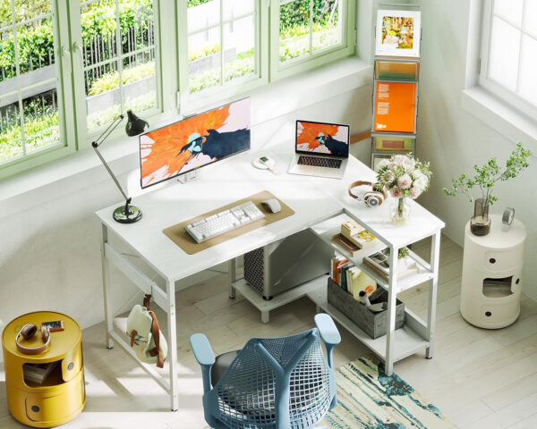 ODK 40 Inch Small L Shaped Computer Desk, Corner Desk with Reversible Storage Shelves, Modern Simple Writing Study Table with Iron Hook, White