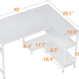 ODK 40 Inch Small L Shaped Computer Desk, Corner Desk with Reversible Storage Shelves, Modern Simple Writing Study Table with Iron Hook, White