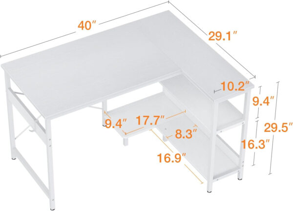 ODK 40 Inch Small L Shaped Computer Desk, Corner Desk with Reversible Storage Shelves, Modern Simple Writing Study Table with Iron Hook, White