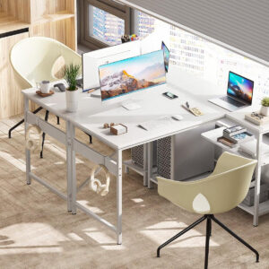 ODK 40 Inch Small L Shaped Computer Desk, Corner Desk with Reversible Storage Shelves, Modern Simple Writing Study Table with Iron Hook, White