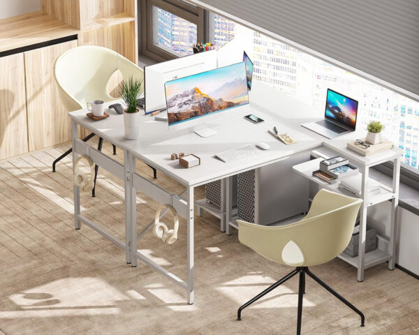 ODK 40 Inch Small L Shaped Computer Desk, Corner Desk with Reversible Storage Shelves, Modern Simple Writing Study Table with Iron Hook, White