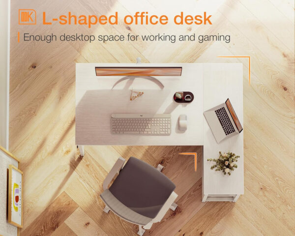 ODK 40 Inch Small L Shaped Computer Desk, Corner Desk with Reversible Storage Shelves, Modern Simple Writing Study Table with Iron Hook, White