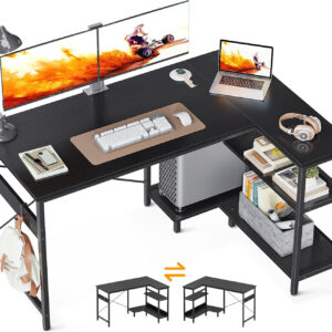 ODK 40 Inch Small L Shaped Computer Desk, Corner Desk with Reversible Storage Shelves, Modern Simple Writing Study Table with Iron Hook, White