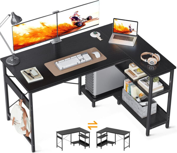 ODK 40 Inch Small L Shaped Computer Desk, Corner Desk with Reversible Storage Shelves, Modern Simple Writing Study Table with Iron Hook, White