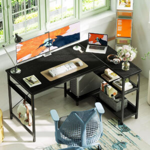 ODK 40 Inch Small L Shaped Computer Desk, Corner Desk with Reversible Storage Shelves, Modern Simple Writing Study Table with Iron Hook, White