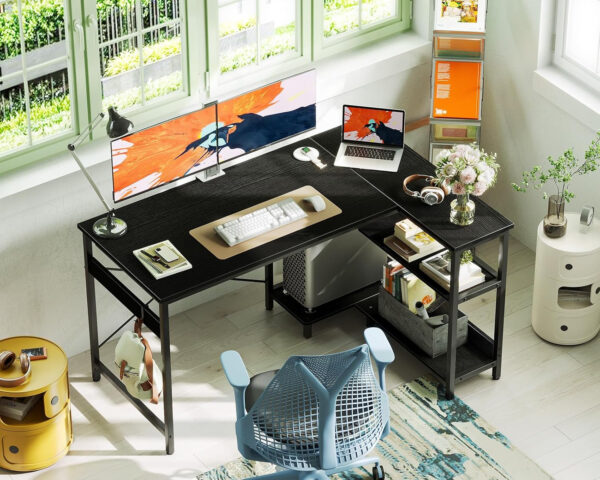 ODK 40 Inch Small L Shaped Computer Desk, Corner Desk with Reversible Storage Shelves, Modern Simple Writing Study Table with Iron Hook, White