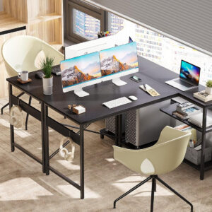 ODK 40 Inch Small L Shaped Computer Desk, Corner Desk with Reversible Storage Shelves, Modern Simple Writing Study Table with Iron Hook, White