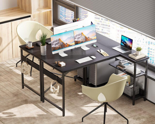 ODK 40 Inch Small L Shaped Computer Desk, Corner Desk with Reversible Storage Shelves, Modern Simple Writing Study Table with Iron Hook, White