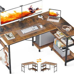 ODK 40 Inch Small L Shaped Computer Desk, Corner Desk with Reversible Storage Shelves, Modern Simple Writing Study Table with Iron Hook, White