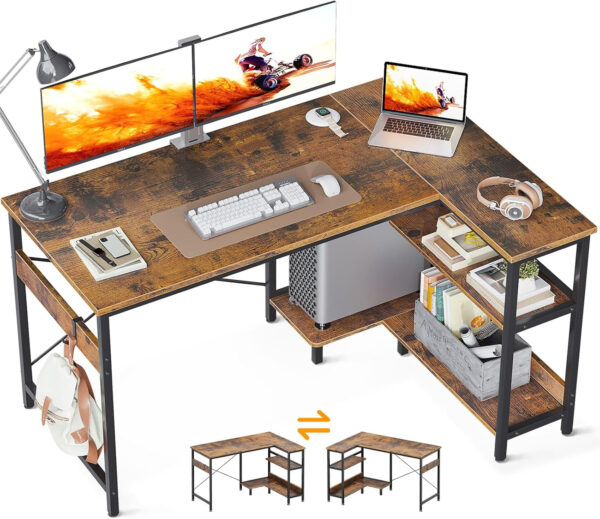 ODK 40 Inch Small L Shaped Computer Desk, Corner Desk with Reversible Storage Shelves, Modern Simple Writing Study Table with Iron Hook, White