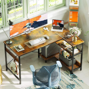 ODK 40 Inch Small L Shaped Computer Desk, Corner Desk with Reversible Storage Shelves, Modern Simple Writing Study Table with Iron Hook, White