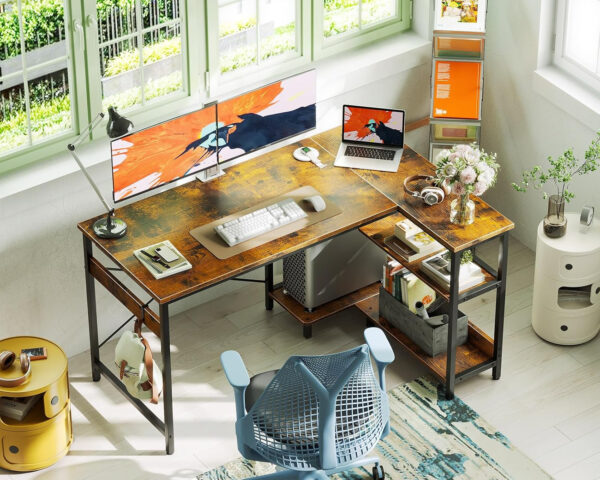 ODK 40 Inch Small L Shaped Computer Desk, Corner Desk with Reversible Storage Shelves, Modern Simple Writing Study Table with Iron Hook, White