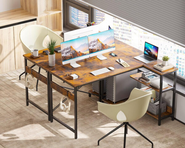 ODK 40 Inch Small L Shaped Computer Desk, Corner Desk with Reversible Storage Shelves, Modern Simple Writing Study Table with Iron Hook, White